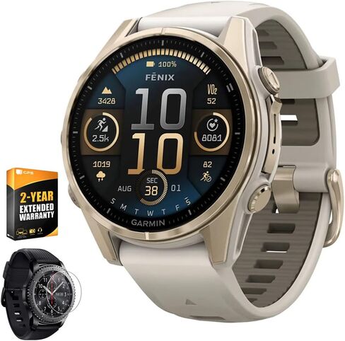 Garmin 010-02903-10 Fenix 8 43 mm, AMOLED, Sapphire, Soft Gold with Fog Gray Sandstone Silicone Band Bundle with 2 YR CPS Enhanced Protection Pack & Round Tempered Glass Screen Protector in Saudi Arabia