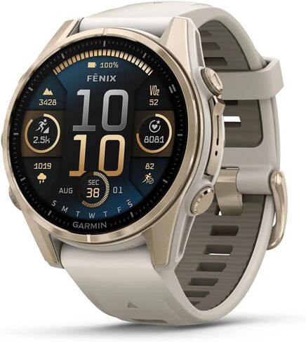 Garmin 010-02903-10 Fenix 8 43 mm, AMOLED, Sapphire, Soft Gold with Fog Gray Sandstone Silicone Band Bundle with 2 YR CPS Enhanced Protection Pack & Round Tempered Glass Screen Protector in Saudi Arabia