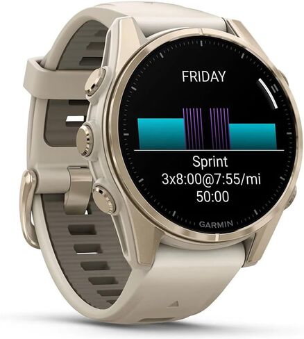 Garmin 010-02903-10 Fenix 8 43 mm, AMOLED, Sapphire, Soft Gold with Fog Gray Sandstone Silicone Band Bundle with 2 YR CPS Enhanced Protection Pack & Round Tempered Glass Screen Protector in Saudi Arabia