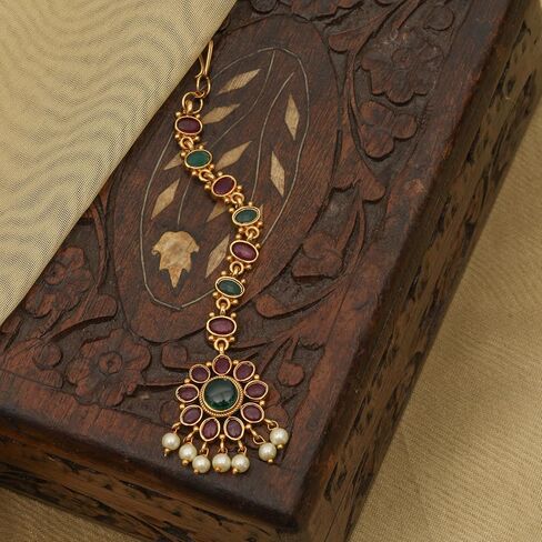 TARINIKA Antique Gold Plated Hari Priya Maangtika with Peacock Design - Indian Maang Tika for Women and Girls Perfect for Ethnic Occasions | Traditional Indian Maang Tikka | 1 Year Warranty* in Saudi Arabia
