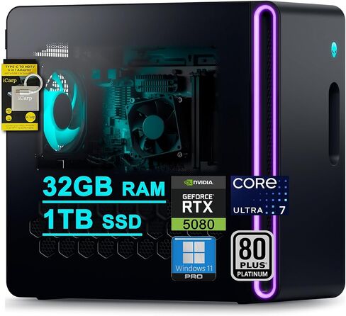 DELL Alienware Aurora ACT1250 Gaming Desktop Intel 20-core Ultra 7 Series 2 265F 64GB DDR5 2TB SSD GeForce RTX 5080 16GB GDDR7 DLSS4 (Up to 1801 TOPS) WiFi7 1000W PSU For Gaming AI PC Win11Pro ICP Hub in Saudi Arabia