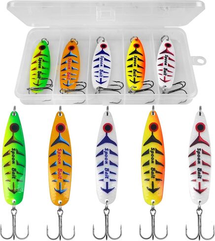 Crocodile Spoon Fishing Lures, 5pcs Jigging Casting Trolling Lures Slow Vertical Jigs for Bass Tuna Salmon Sailfish Trout Grouper Snapper Freshwater Saltwater with Tackle Box in Saudi Arabia
