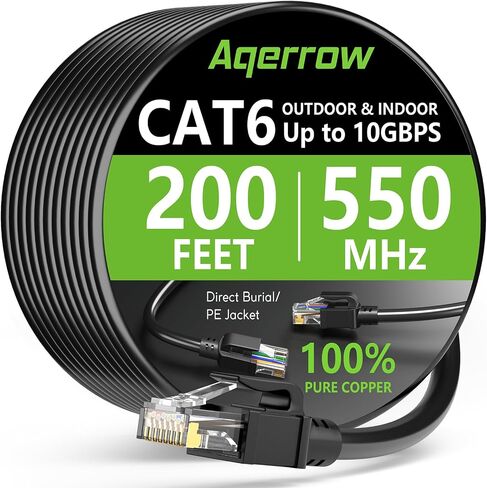 Aqerrow Cat 6 Ethernet Cable 200 FT, Outdoor&Indoor Ethernet Cable, 24AWG 10Gbps 550Mhz Cat6 Cable Cord Waterproof Direct Burial LLDPE Jacket, Long LAN Patch Cord for Router, Modem, PS4/5 - Black in Saudi Arabia