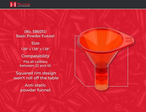 Hornady Basic Powder Funnel, 586051 - Anti-Static Funnel Fits All Calibers Between .22 -.45 - Avoid Messy Powder Spills Featuring a Tapered Mouth, Squared Rim Design, and Double-Stepped Abutment Neck in Saudi Arabia