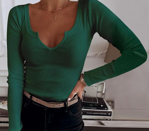 Women V Neck Ribbed Button Down Shirts Long Sleeve Pullover Slim Fitted Basic Pullover Knit Top in Saudi Arabia