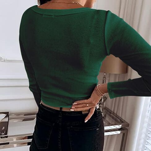 Women V Neck Ribbed Button Down Shirts Long Sleeve Pullover Slim Fitted Basic Pullover Knit Top in Saudi Arabia