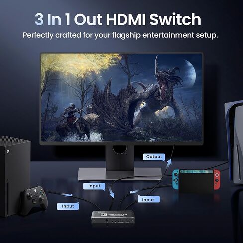محول HDMI 3 في 1 من NEWCARE 4K@120 هرتز، مقسم HDMI 2.1 مع تبديل تلقائي عن بعد، محول HDMI يدعم HDR10+ Dolby 3D VRR ALLM، متوافق مع جهاز عرض أجهزة الكمبيوتر المحمول PS5/4 Xbox in Kuwait