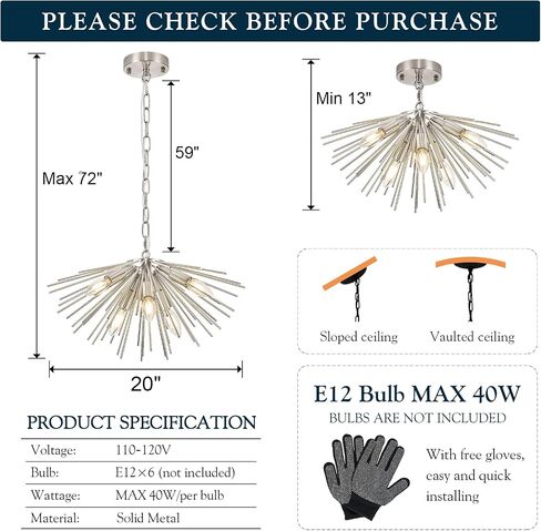 32in Gold Sputnik Chandelier Solid Metal Starburst Chandelier Light Fixture 9-Light Mid-Century Modern Satellite Light Fixture for Living Room Dining Room Foyer Study Room Bathroom,E12 in Saudi Arabia