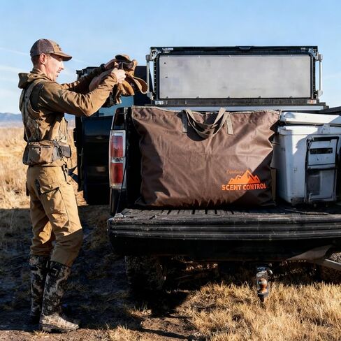 حقيبة التحكم في الرائحة - حقيبة أكبر مقاومة للرائحة مقاس 33 × 25 بوصة، أكياس قفل برائحة السفر سميكة مقاومة للماء بثلاث طبقات لملابس الصيد وإكسسوارات الصيد (أوراق الشجر المموهة) in Kuwait