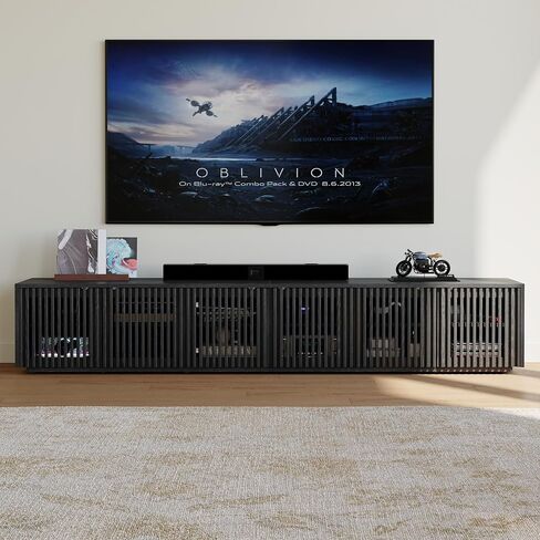 POVISON Full Assembled Mid Century Modern TV Stand, 95'' Wood Slatted TV Media Console for 85+ inch TV, Entertainment Center with Storage for Living Room Bedroom in Saudi Arabia
