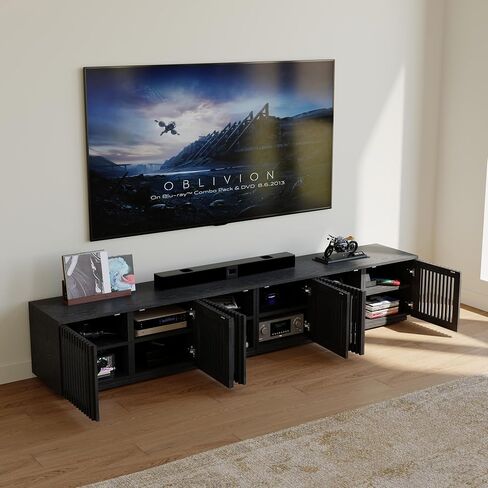 POVISON Full Assembled Mid Century Modern TV Stand, 95'' Wood Slatted TV Media Console for 85+ inch TV, Entertainment Center with Storage for Living Room Bedroom in Saudi Arabia