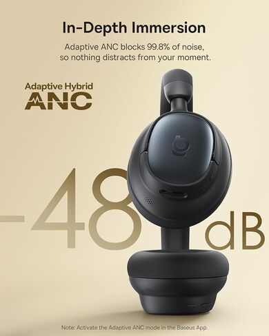Baseus Bowie MH1 Adaptive Active Noise Cancelling Headphones, Real-Time Adaptive Hybrid ANC, SuperBass 2.0, LDAC Hi-Res Sound, 80H Playtime, Comfortable Fit, Clear Calls, Bluetooth 6.0 -Cosmic Black in Saudi Arabia