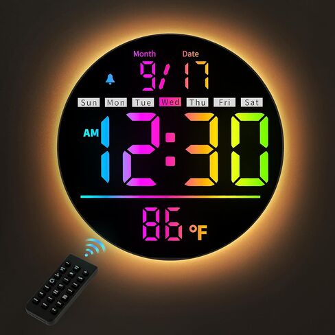 ساعة حائط رقمية، ساعة رقمية مستديرة مقاس 8 بوصة مع شاشة عرض كبيرة، ألوان 11RGB، جهاز تحكم عن بعد، سطوع تلقائي، درجة الحرارة، التوقيت الصيفي، ضوء ليلي، منبه، مؤقت العد التنازلي للفصل الدراسي/غرفة النوم/المكتب in Kuwait