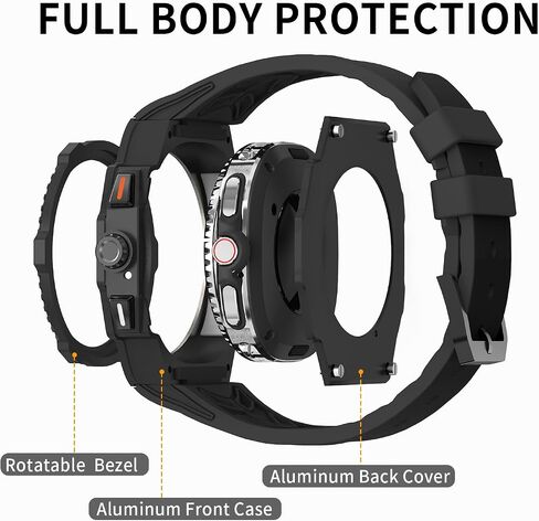 Luxury Aluminum Case with Band for Samsung Galaxy Watch Ultra 2024/2025 47mm, Rugged Military Protective Metal Face Cover with Tactical Strap for Men, Black in Saudi Arabia