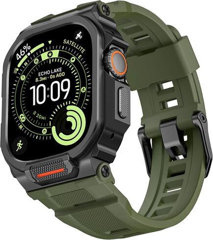 سوار معدني متين متوافق مع ساعة Apple Watch Ultra 3/2/1 مقاس 49 ملم، ممتص للصدمات ومقاوم للخدش مع سوار رياضي من السيليكون لساعة iWatch (أسود أخضر عسكري، 49 ملم - Ultra 3/Ultra 2/Ultra) in Kuwait