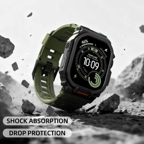 سوار معدني متين متوافق مع ساعة Apple Watch Ultra 3/2/1 مقاس 49 ملم، ممتص للصدمات ومقاوم للخدش مع سوار رياضي من السيليكون لساعة iWatch (أسود أخضر عسكري، 49 ملم - Ultra 3/Ultra 2/Ultra) in Kuwait