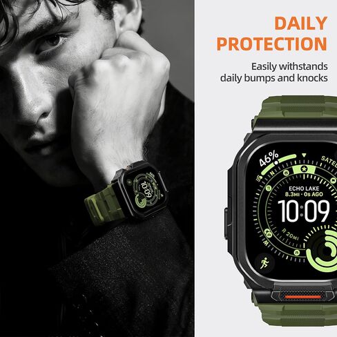 سوار معدني متين متوافق مع ساعة Apple Watch Ultra 3/2/1 مقاس 49 ملم، ممتص للصدمات ومقاوم للخدش مع سوار رياضي من السيليكون لساعة iWatch (أسود أخضر عسكري، 49 ملم - Ultra 3/Ultra 2/Ultra) in Kuwait