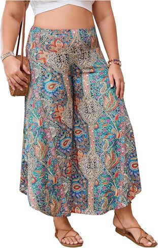 Women's Plus Size Tribal Palazzo Pants Boho High Waist Asymmetrical Baggy Vacation Trousers in Saudi Arabia