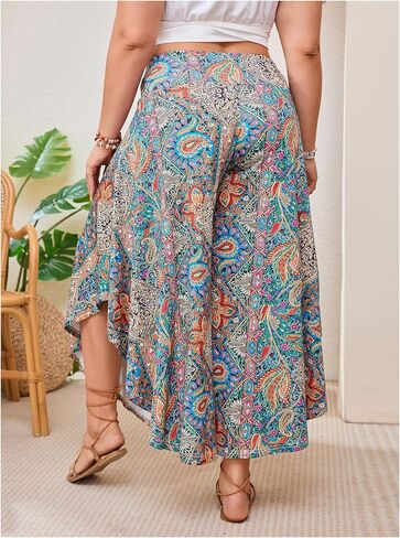 Women's Plus Size Tribal Palazzo Pants Boho High Waist Asymmetrical Baggy Vacation Trousers in Saudi Arabia