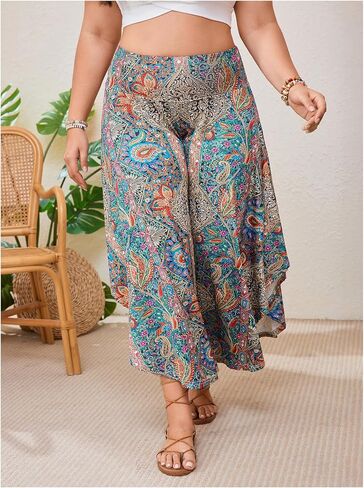 Women's Plus Size Tribal Palazzo Pants Boho High Waist Asymmetrical Baggy Vacation Trousers in Saudi Arabia
