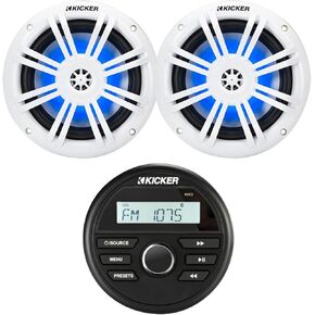 مجموعة جهاز استقبال مركز الوسائط Kicker 46KMC2 لجميع الأحوال الجوية بلوتوث USB/AUX AM/FM مع زوج واحد (الكمية 2) Kicker 51KM604WL KM 6.5 بوصة 150 وات أقصى قوة 4 أوم RGB LED مكبرات صوت محورية in Kuwait