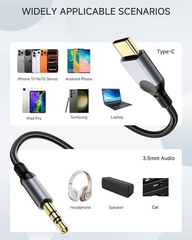 كابل USB C إلى 3.5 ملم صوت Aux جاك [4 قدم] متوافق مع iPhone 17/16/15، Samsung S25/S24/S23، iPad Pro، Pixel، MacBook، سلك من النوع C إلى 3.5 ملم للسيارة وسماعات الرأس ومكبرات الصوت - رمادي in Kuwait