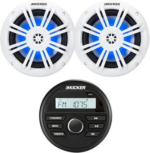 مجموعة جهاز استقبال مركز الوسائط Kicker 46KMC2 لجميع الأحوال الجوية بلوتوث USB/AUX AM/FM مع زوج واحد (الكمية 2) Kicker 51KM604WL KM 6.5 بوصة 150 وات أقصى قوة 4 أوم RGB LED مكبرات صوت محورية in Kuwait