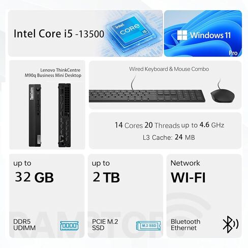 كمبيوتر مكتبي صغير الحجم Lenovo ThinkCentre M90q Business، Intel 14-Core i5-13500، ذاكرة الوصول العشوائي DDR5 سعة 32 جيجابايت، SSD 1 تيرابايت، دعم شاشتين 4K، HDMI، DP، Wi-Fi، لوحة مفاتيح سلكية وماوس، Windows 11 Pro، حزمة محرك أقراص فلاش USB Adata in Kuwait