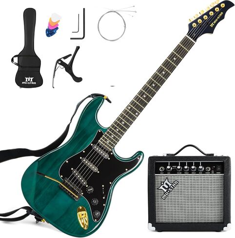 MUSTAR Electric Guitar Kit with 25W Amplifier, 39 Inch Full Size Solid Wood Electric Guitar Beginner Kits, Gig Bag, Digital Tuner, Capo, Strap, Cable, Picks, Birthday Holiday Gifts (Green, MEG-100) in Saudi Arabia