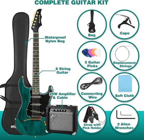 MUSTAR Electric Guitar Kit with 25W Amplifier, 39 Inch Full Size Solid Wood Electric Guitar Beginner Kits, Gig Bag, Digital Tuner, Capo, Strap, Cable, Picks, Birthday Holiday Gifts (Green, MEG-100) in Saudi Arabia