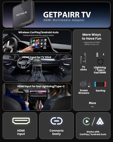 4-in-1 Car TV Mate Max Adapter Support HDMI Input, Wireless CarPlay & Android Auto, Screen Mirroring, Compatible with Fire TV Stick, Gaming Console, Tv Box, for 98% Cars with Wired CarPlay in Kuwait