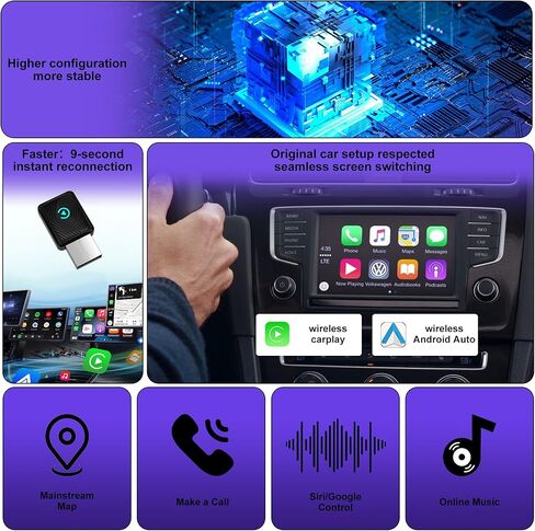 محول Feitenn Wireless CarPlay لأجهزة Apple iPhone، اتصال سلس متعدد المستخدمين، تحويل سلكي إلى تشغيل سيارة لاسلكي، عصا دونجل لسيارة Apple السلكية CarPlay، لهاتف iPhone iOS 10+، التوصيل والتشغيل (أسود) in Kuwait