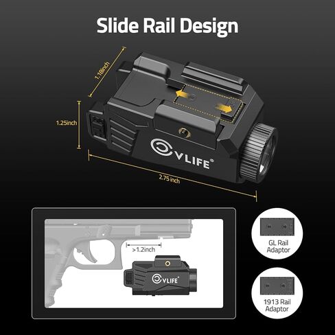 CVLIFE 600 Lumens Pistol Light Laser Combo - ضوء مسدس منزلق قابل لإعادة الشحن متوافق مع سكة ​​Glock وPicatinny. مصباح يدوي مسدس تكتيكي مع ليزر أحمر للدفاع عن المنزل in Saudi Arabia