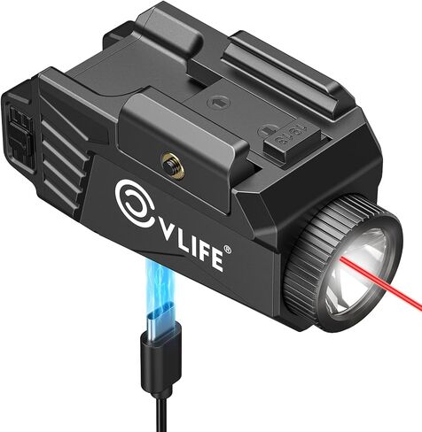 CVLIFE 600 Lumens Pistol Light Laser Combo - ضوء مسدس منزلق قابل لإعادة الشحن متوافق مع سكة ​​Glock وPicatinny. مصباح يدوي مسدس تكتيكي مع ليزر أحمر للدفاع عن المنزل in Saudi Arabia