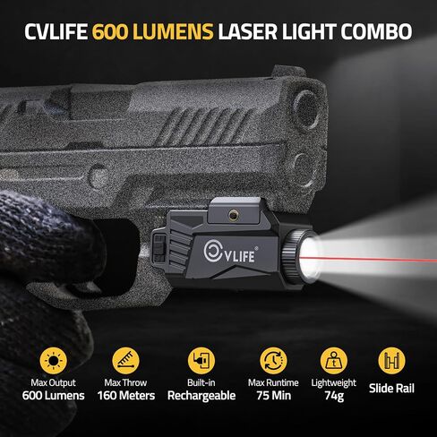 CVLIFE 600 Lumens Pistol Light Laser Combo - ضوء مسدس منزلق قابل لإعادة الشحن متوافق مع سكة ​​Glock وPicatinny. مصباح يدوي مسدس تكتيكي مع ليزر أحمر للدفاع عن المنزل in Saudi Arabia