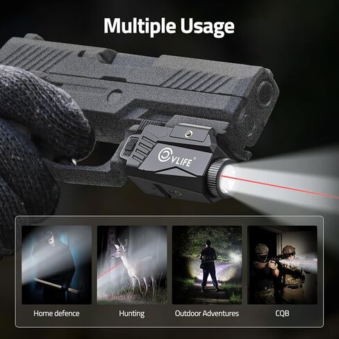 CVLIFE 600 Lumens Pistol Light Laser Combo - ضوء مسدس منزلق قابل لإعادة الشحن متوافق مع سكة ​​Glock وPicatinny. مصباح يدوي مسدس تكتيكي مع ليزر أحمر للدفاع عن المنزل in Saudi Arabia