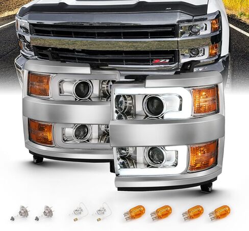 Amerilite لعام 2015-2019 Chevy Silverado 2500HD 3500HD Truck Truck Chrome Quad Projector مصابيح أمامية مع مجموعة استبدال أنبوب LED مزدوجة - Side Prastenger and Driver Side in Saudi Arabia