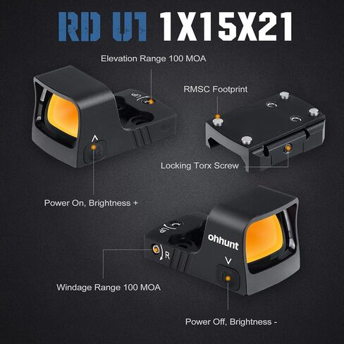 Ohhunt RD U1 3 MOA منظر نقطة حمراء لبصمة RMSc وPicatinny Mount 1X21X15mm Micro Shake Awake Red Reflex البصر 10 مستويات سطوع in Saudi Arabia