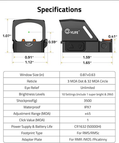 CVLIFE WolfCovert X 3 MOA Dot & 32 MOA Circle Red/Green Dot Sight for RMS RMSc, Motion Awake Fiber Optic Scope for Compact Pistol, 3500G Shockproof Open Reflex Sight with Adapter for RMR/MOS/Picatinny in Saudi Arabia