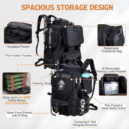 Goture Fishing Backpack, 58L 900D Water-Resistant Insulated Tackle Backpack with Cooler, Rod Holders, 8 Lure Pockets, Detachable Crossbody Bag, Gear Storage Large Fishing Bag for Camping Hiking in Saudi Arabia