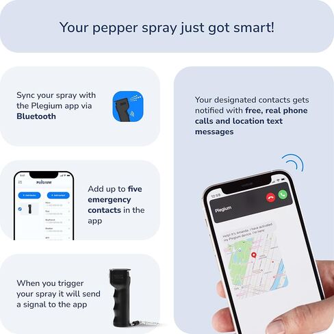 Plegium Smart Mini Pepper Spray 3 في 1 - رذاذ الدفاع عن النفس بتقنية البلوتوث مع موقع GPS، نصوص الطوارئ والمكالمات الهاتفية، صبغة للأشعة فوق البنفسجية، أقصى قوة، نطاق 10 أقدام، بطارية 4 سنوات، لا يتطلب شحن in Saudi Arabia