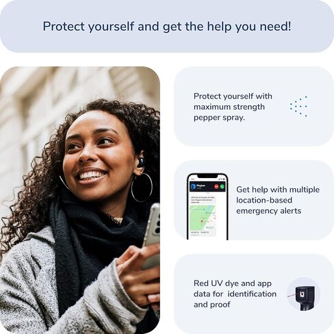 Plegium Smart Mini Pepper Spray 3 في 1 - رذاذ الدفاع عن النفس بتقنية البلوتوث مع موقع GPS، نصوص الطوارئ والمكالمات الهاتفية، صبغة للأشعة فوق البنفسجية، أقصى قوة، نطاق 10 أقدام، بطارية 4 سنوات، لا يتطلب شحن in Saudi Arabia