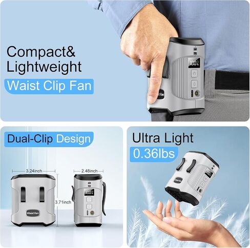 Portable Waist Fan Clip on Belt Personal Fan, 3-Speed Rechargeable with 24H Battery, Hands-Free Hanging Neck Fan, Wearable Shirt Cooling Fans for Camping, Outdoor, Jobsite in Kuwait
