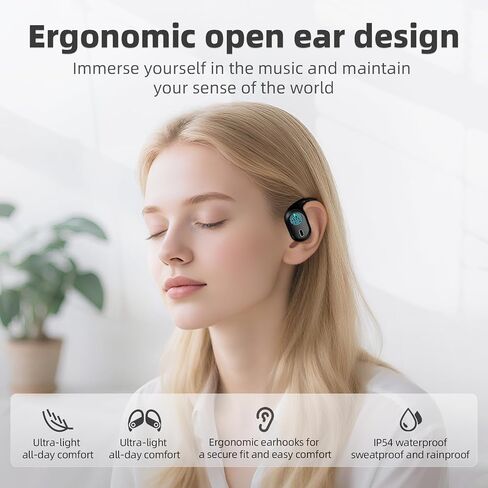 Open Ear Headphones, Bluetooth 5.4 Wireless Earbuds, 40H Playback, with LED Dgital Display, IP54 Waterproof Sports Headphones for Running, Cycling and Gym (Black) in Saudi Arabia