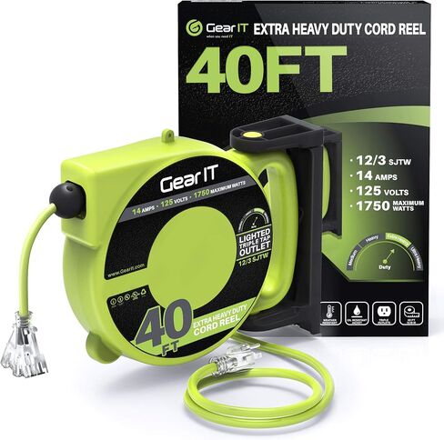 بكرة سلك تمديد قابلة للسحب من GEARit (40 قدمًا) مقاس 12/3 AWG SJTW، 3 منافذ، مؤشر طاقة LED، قاطع دائرة 14 أمبير، 180 درجة، مدرج في قائمة UL لورشة عمل تركيب سقف المرآب، أداة كهربائية 40 قدمًا in Kuwait