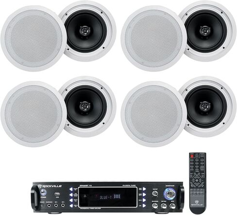 حزمة Rockville: (1) RPA60BT V2 1000 Watt 2-Ch USB Bluetooth DJ/Pro/Karaoke Amplifier Mixer Bundle with (8) HC85-16 White 8 بوصة مكبرات صوت للمسرح المنزلي في السقف (9 قطع) in Saudi Arabia