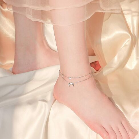 FLYOW Sun Layered Anklet 925 Sterling Silver for Women Adjustable Beads Ankle Bracelet Boho Beach Foot Chain 10 11 Inch Charm Jewelry Christmas Birthday Gifts (Gold Sun 10+1) in Saudi Arabia