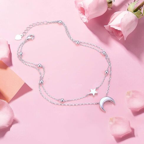 FLYOW Sun Layered Anklet 925 Sterling Silver for Women Adjustable Beads Ankle Bracelet Boho Beach Foot Chain 10 11 Inch Charm Jewelry Christmas Birthday Gifts (Gold Sun 10+1) in Saudi Arabia