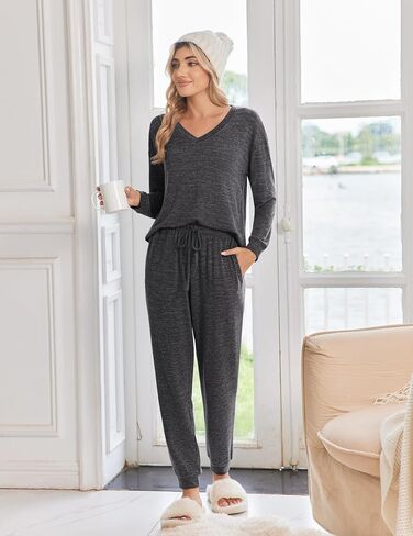 Ekouaer Womens Pajama Sets Long Sleeve Top Matching Jogger Pants Lounge Set Stripe Striped Printed Pjs Sleepwear with Pockets Green Stripes Large in Saudi Arabia