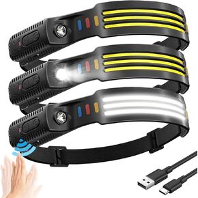 (3-Pack) Headlamp Rechargeable, 230° COB Wide Beam Head Lamp Headband with Motion Sensor, 5 Modes Headlight Led Head Band, Head Lights for Forehead, Waterproof Headlamps for Adults Running Hard Hat in Kuwait